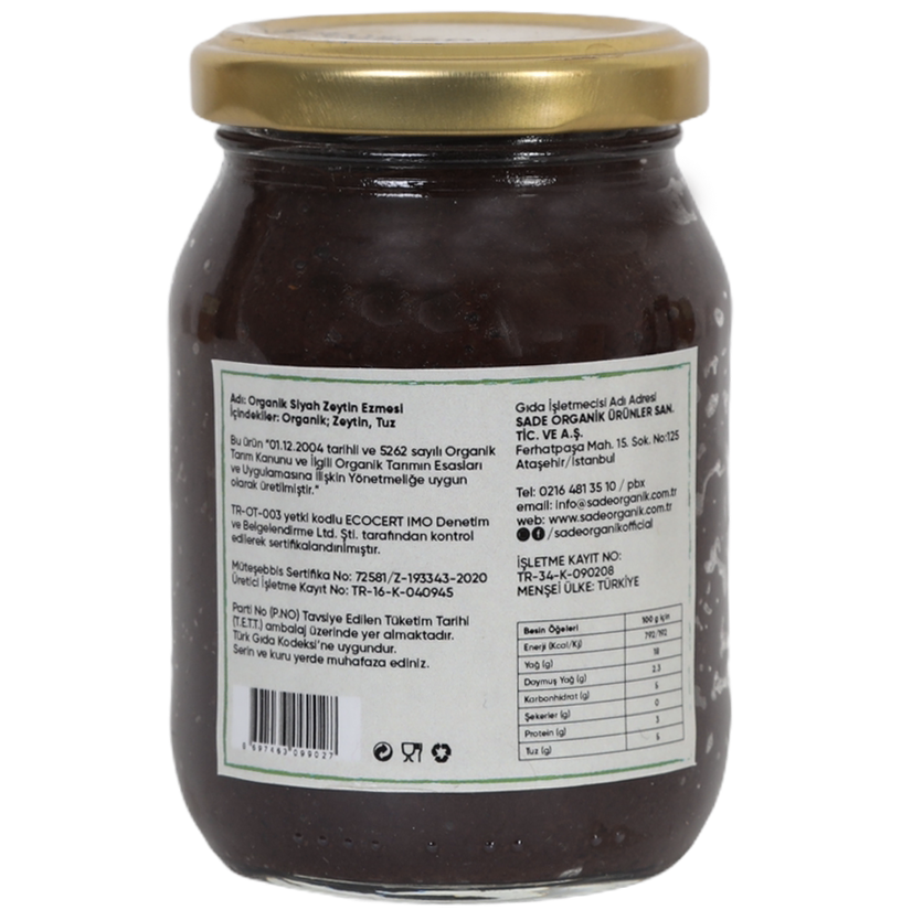Sade Organik x 4 Kavanoz  Siyah Zeytin Ezmesi 170 gr